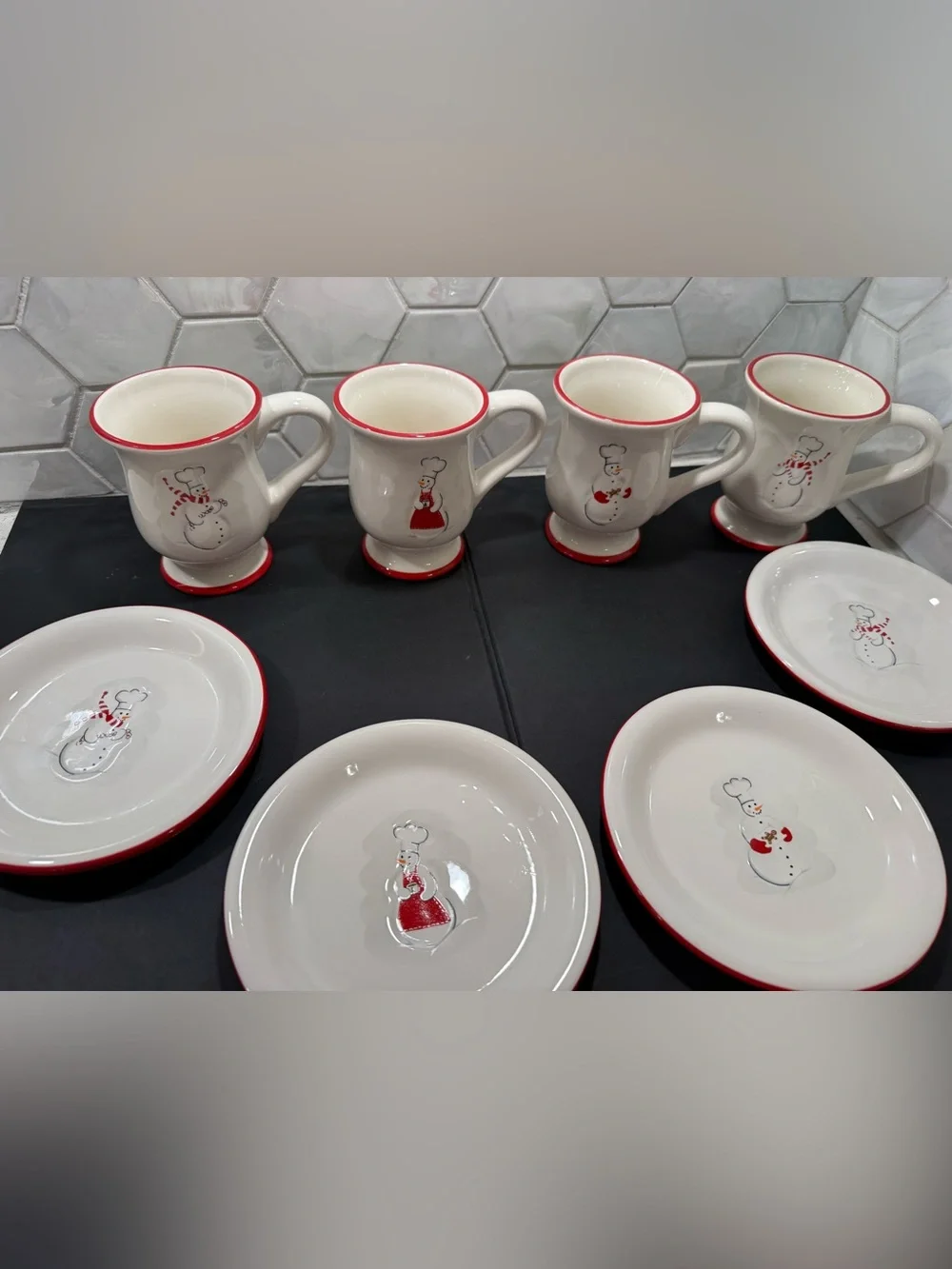 Williams Sonoma Snowman Chef Christmas Holiday 8pc Set 4 Mugs & 4 Plates RETIRED